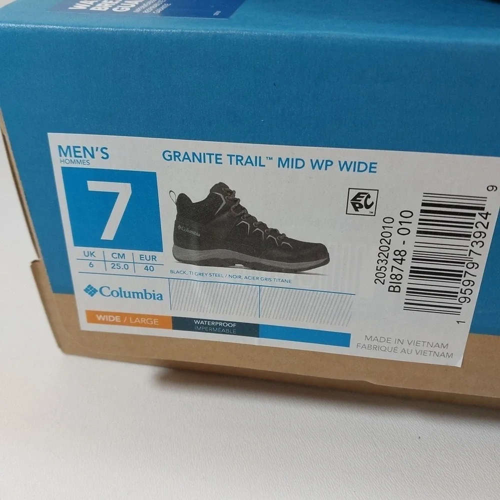 COLUMBIA MENS GRANITE TRAIL MID WP‎ WATERPROOF BLACK BOOT SIZE 7